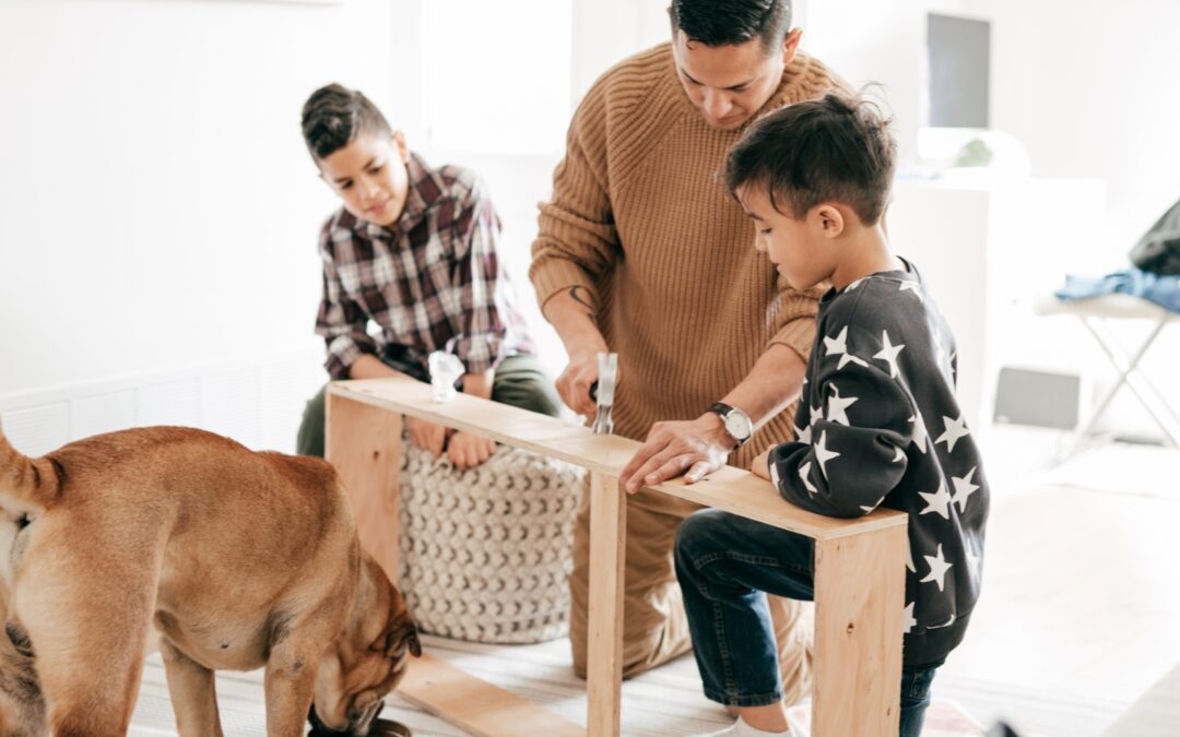 Dad, Dad and 2 kids. Dog, Dad Building